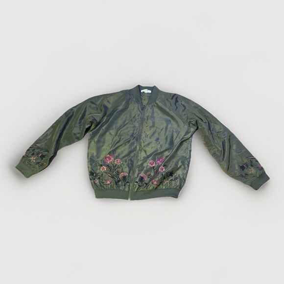 Love Fire Bomber Jacket Large Olive Green Floral Embroidered Boho Fairycore - Picture 1 of 3